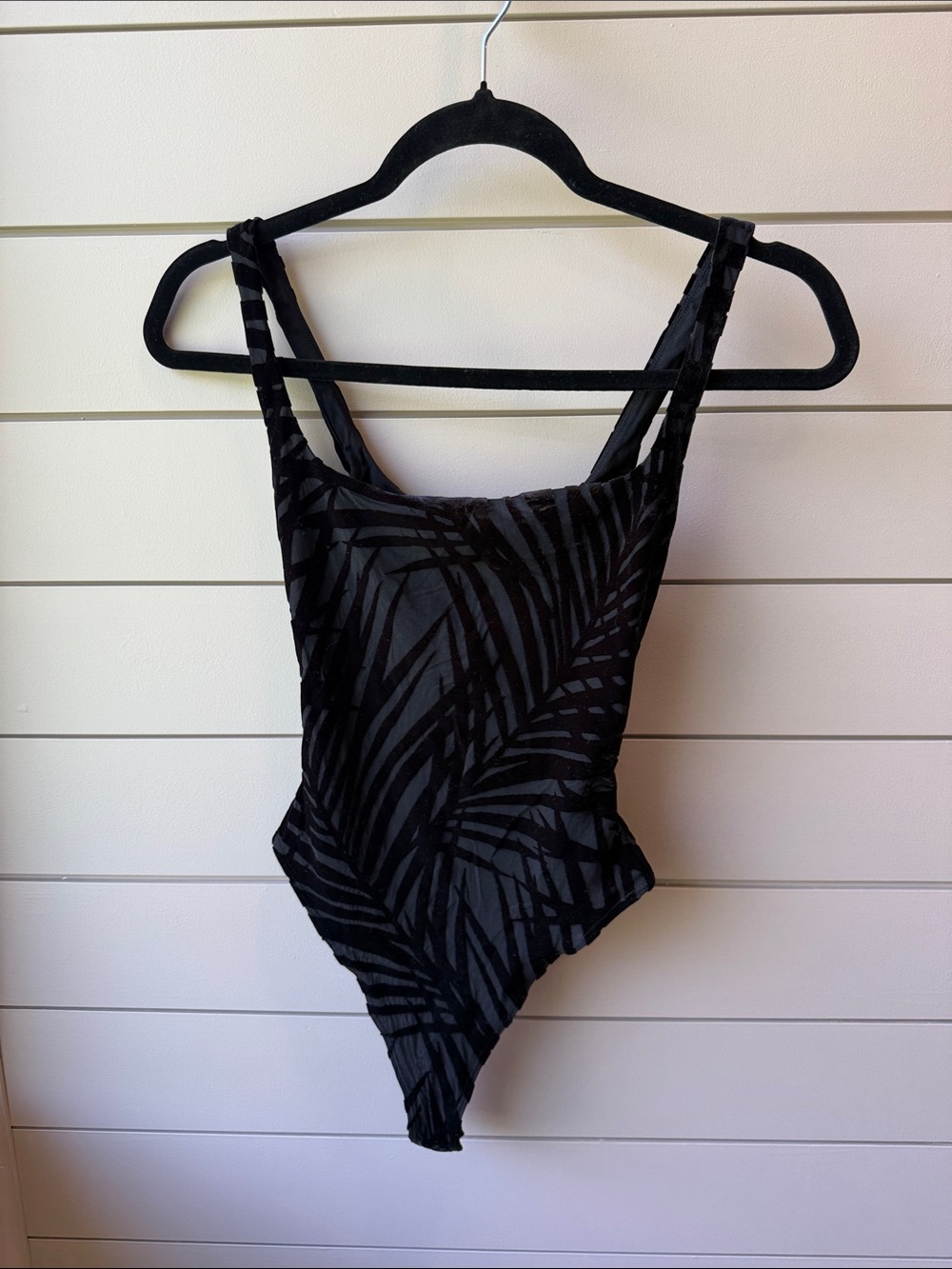 naked wardrobe Black Palm-Print Velvet Bodysuit